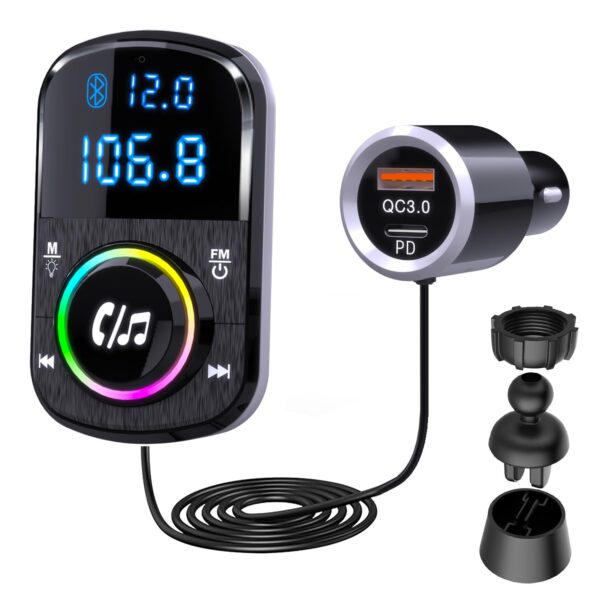GizmoVine Bluetooth FM Transmitter with Self-Adhesive Base and Clip GizmoVine transmisor FM Bluetooth con base adhesiva, clip y cable de 1,1 m