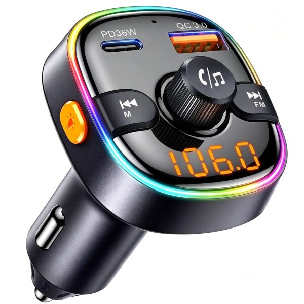 GizmoVine Bluetooth 5.3 FM Transmitter, PD 36W and QC 18W with Multi-Colour LED GizmoVine transmetteur FM Bluetooth 5.3 avec PD 36W, QC 18W et éclairage LED multicolore