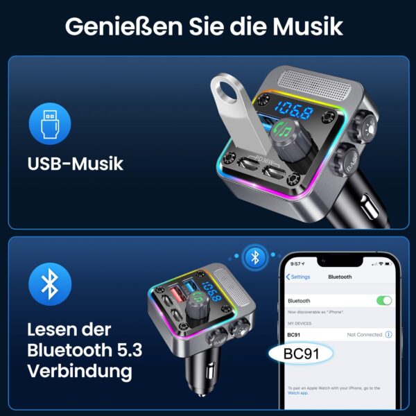 GizmoVine Bluetooth 5.3 FM Transmitter, 54W with PD 36W and QC3.0 18W GizmoVine Transmetteur FM Bluetooth 5.3 54W avec PD 36W et QC3.0 18W