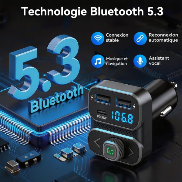 GizmoVine Transmetteur FM Bluetooth 5.3 PD 36W avec double microphone