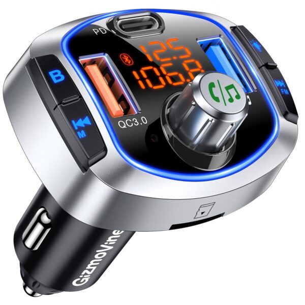 GizmoVine Bluetooth 5.4 FM Transmitter for Car, 81W PD 45W & QC3.0 36W GizmoVine 81W Bluetooth 5.4 car FM transmitter with independent PD 45W and QC3.0 36W charging ports