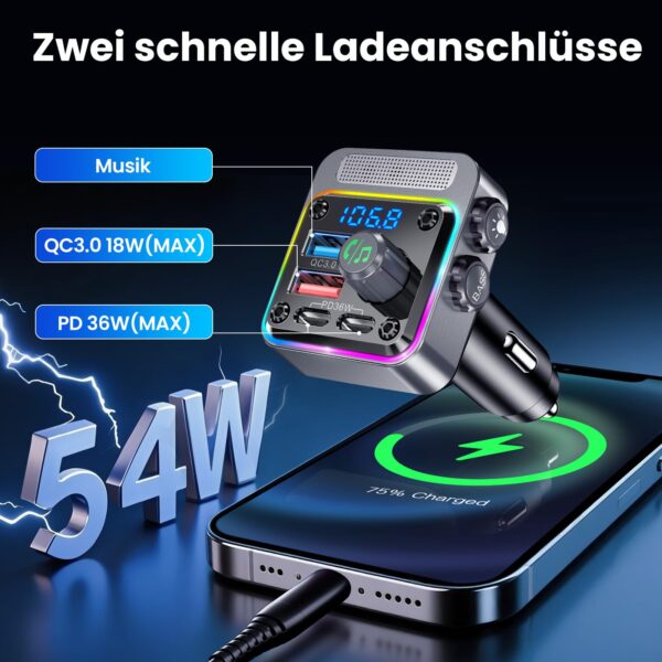 GizmoVine Bluetooth 5.3 FM Transmitter, 54W with PD 36W and QC3.0 18W GizmoVine Transmetteur FM Bluetooth 5.3 54W avec PD 36W et QC3.0 18W
