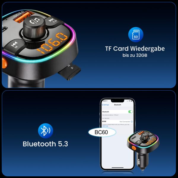 GizmoVine Transmetteur FM Bluetooth 5.3 avec PD 36W et QC 18W, LED multicolore