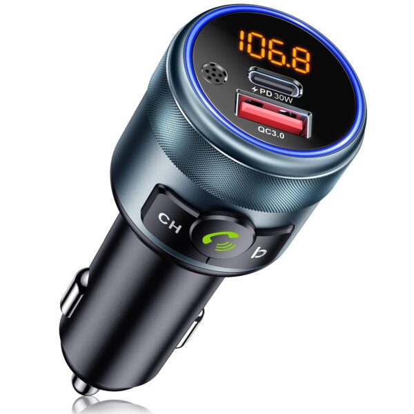 GizmoVine Bluetooth 5.3 FM Transmitter for Car, 48W with Rotary Knob GizmoVine 48W car FM transmitter with zinc-alloy rotary knob and digital display