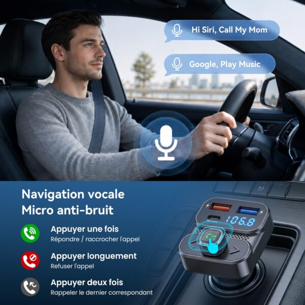 GizmoVine Transmetteur FM Bluetooth 5.3 PD 36W avec double microphone
