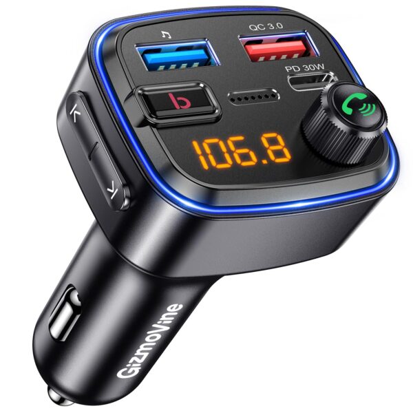 GizmoVine Bluetooth 5.3 FM Transmitter for Car with Bass Boost, PD 30W & QC 18W GizmoVine car FM transmitter with one-touch bass boost button and ice-blue ambient light