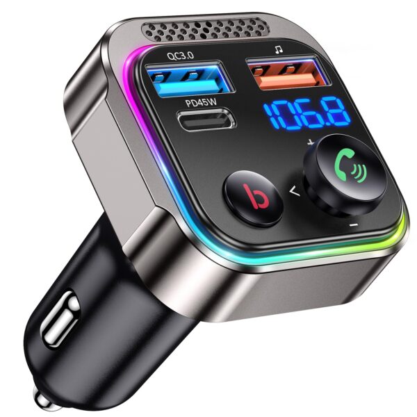 GizmoVine Bluetooth 5.4 FM Transmitter, 63W with PD 45W and 18W, Zinc Alloy GizmoVine 63W Bluetooth 5.4 car FM transmitter in zinc alloy with PD 45W and 18W ports and voltage display