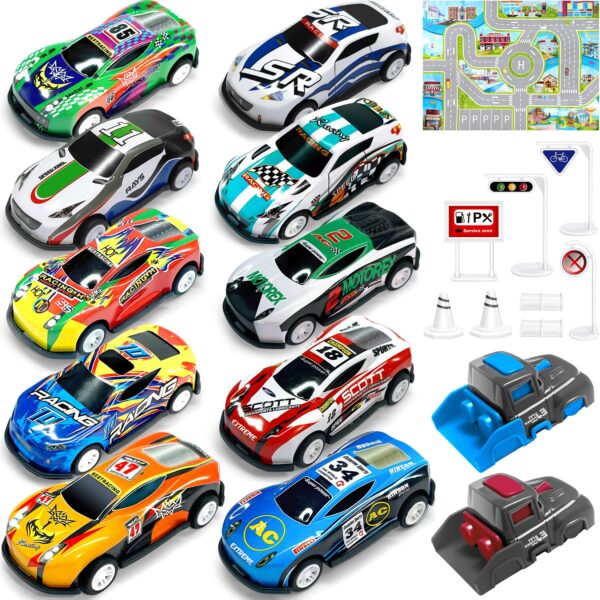 GizmoVine 10-Piece Pull-Back Car Set with Launcher, Play Mat and Storage Bag
