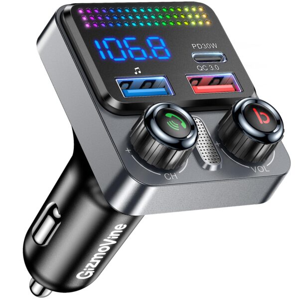 GizmoVine Bluetooth 5.4 FM Transmitter, 48W with PD 30W and QC3.0 18W GizmoVine Bluetooth 5.4 car FM transmitter with 48W output, full-metal double-knob control and neon ambient light