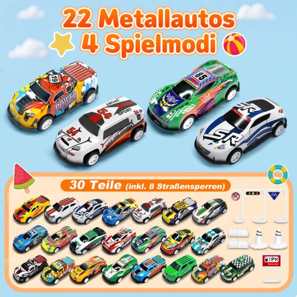 GizmoVine Auto Spielzeug Set, 22 Spielzeugautos aus Metall mit 8 Straßensperren