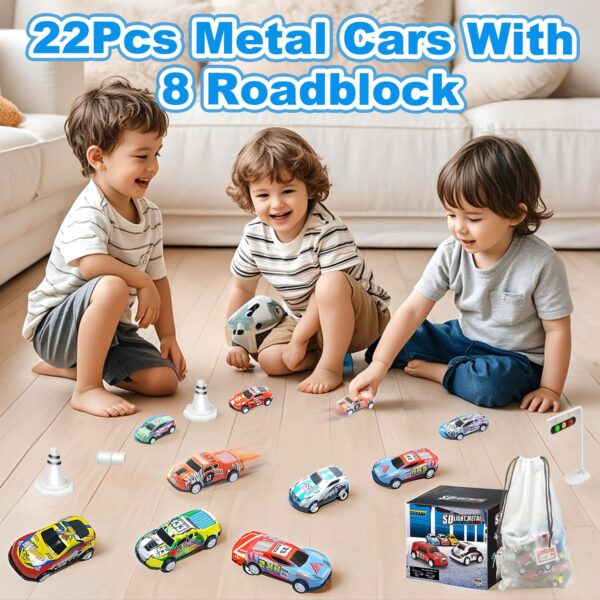 GizmoVine 22-Piece Metal Toy Car Set with 8 Roadblocks, 1:64 Mini Pull-Back Cars GizmoVine 22-Piece Metal Toy Car Set with 8 Roadblocks, 1:64 Mini Pull-Back Cars