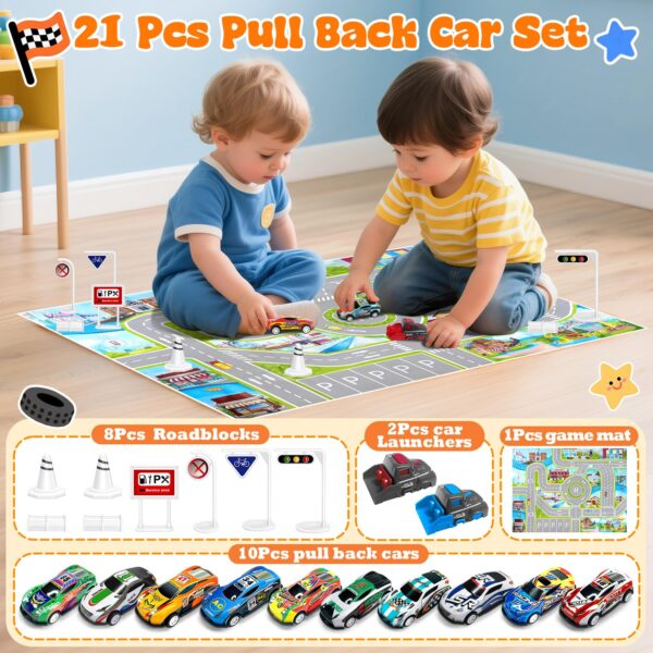 GizmoVine 10-Piece Pull-Back Car Set with Launcher, Play Mat and Storage Bag