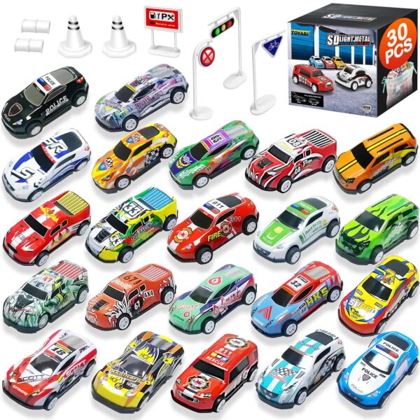 GizmoVine 22-Piece Metal Toy Car Set with 8 Roadblocks, 1:64 Mini Pull-Back Cars GizmoVine 22-Piece Metal Toy Car Set with 8 Roadblocks, 1:64 Mini Pull-Back Cars