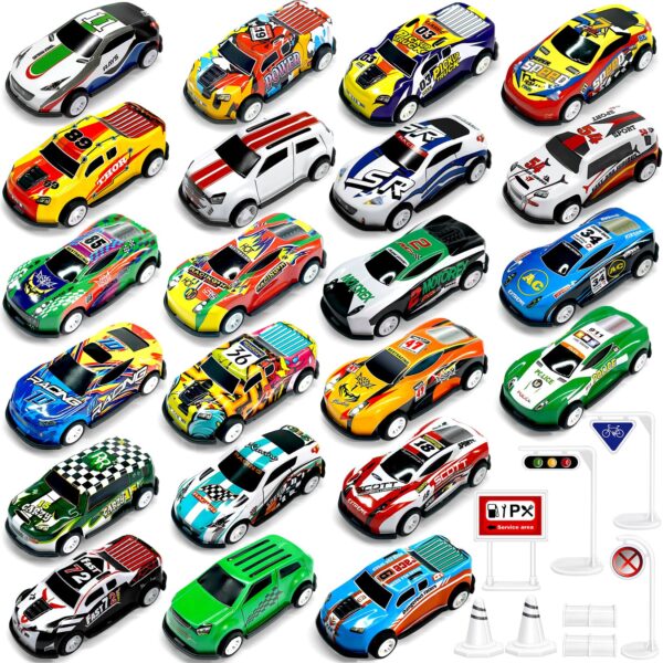 GizmoVine Set de 22 Coches de Juguete de Metal con 8 Obstáculos, Coches de Retroceso 1:64 GizmoVine Set de 22 Coches de Juguete de Metal con 8 Obstáculos, Coches de Retroceso 1:64
